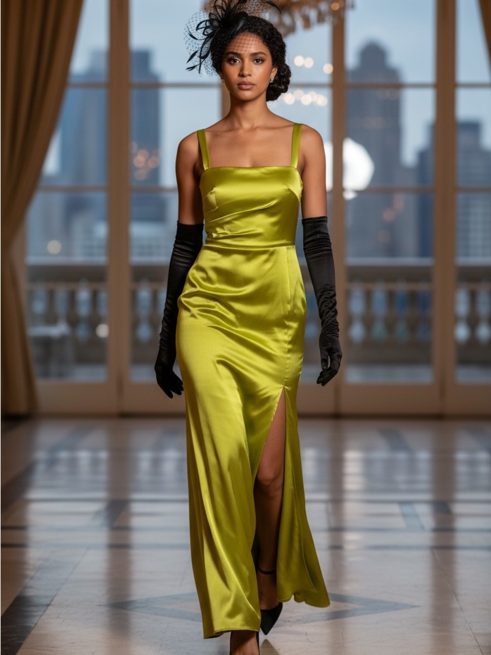 New Trend Chartreuse Satin Style Maxi Dress with Slit